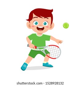 happy cute kid boy play train tennis