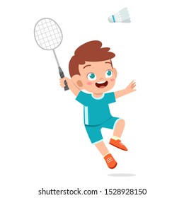 Happy Cute Kid Boy Play Train Badminton