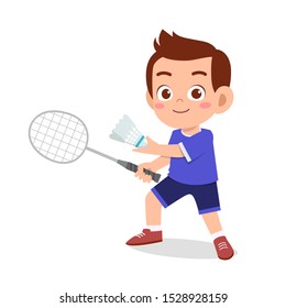 happy cute kid boy play train badminton