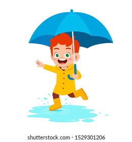 Happy Cute Kid Boy Play Wear Raincoat