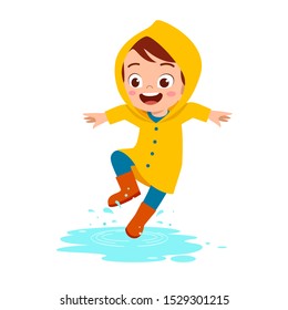 happy cute kid boy play wear raincoat