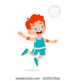 happy cute kid boy play volleyball