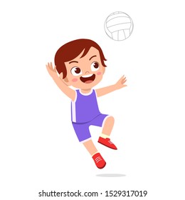 Happy Cute Kid Boy Play Volleyball