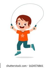 Happy Cute Kid Boy Play Jump Rope