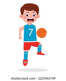 Happy cute kid boy play basketball illustration