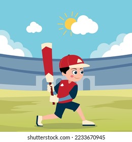 Happy cute kid boy play train baseball in the stadium illustration