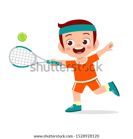 happy cute kid boy play train tennis