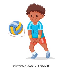 Feliz niño lindo jugando voleibol con un fondo blanco. Ilustración vectorial