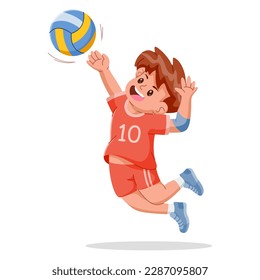 Happy cute kid boy playing volleyball on a white background. Vector Illustration