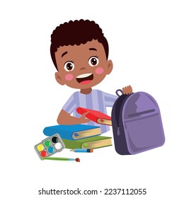 happy cute kid boy prepare bag for school