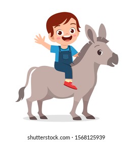 happy cute kid boy riding cute donkey vector