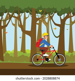 happy cute kid boy riding bike smile. flat vector illustration isolated on forest background