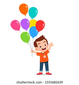 happy cute kid boy run holding balloon