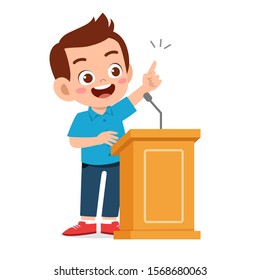 happy cute kid boy speech on podium