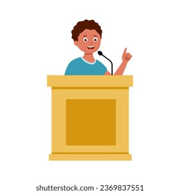 Happy cute kid boy speech on podium in flat design on white background. Confidence student.