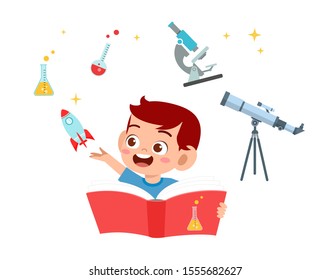 Happy Cute Kid Boy Study Planet And Science