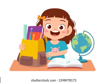 happy cute kid boy study on cute table