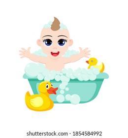 Happy, niedlicher kleiner Junge, der in einer Schüssel mit Entenspielzeug einzeln auf weißem Hintergrund badet