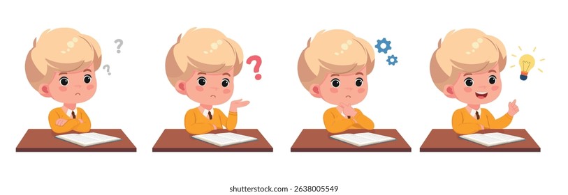 happy cute kid boy think solve exam cartoon vector flat design