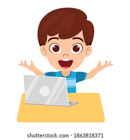 Happy Cute Kid Boy Using Laptop Isolated On White Background And Waving