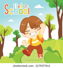 Happy Cute Kid Boy Walking Go To School . Back To School Background 