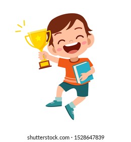 happy cute kid boy win game gold trophy