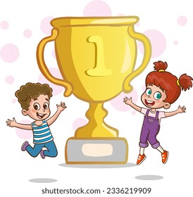 happy cute kid boy win game gold trophy