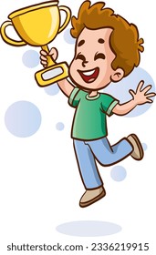 happy cute kid boy win game gold trophy