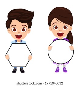 Happy cute kid boys and girls character wearing beautiful outfit standing with different size placards