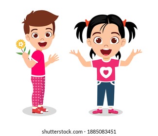 Happy cute kid  character boy hiding flower and girl waving isolated
