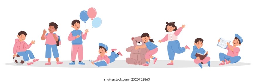 Happy and cute kid characters with smile, flat vector illustration and design with bright color vibes.