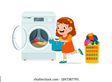 happy cute kid do laundry with washing machine