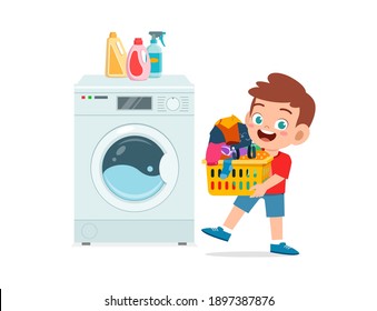 happy cute kid do laundry with washing machine