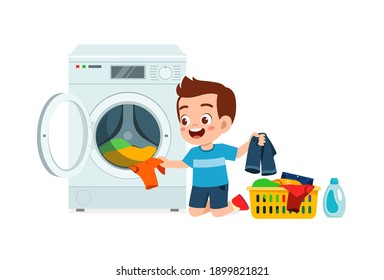 happy cute kid do laundry with washing machine