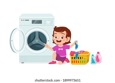 happy cute kid do laundry with washing machine