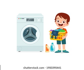 happy cute kid do laundry with washing machine