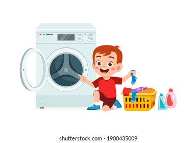 happy cute kid do laundry with washing machine