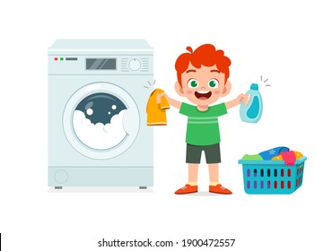 happy cute kid do laundry with washing machine