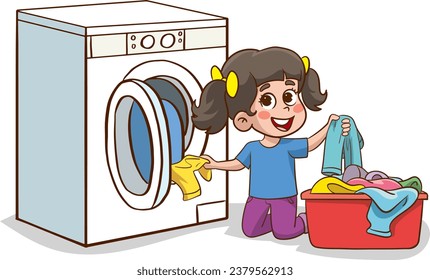 happy cute kid do laundry with washing machine.Happy little children doing housework cleaning