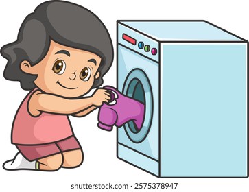 Happy cute kid do laundry with washing machine of illustration