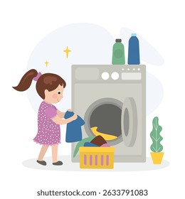 Glücklich süßes Kind machen Wäsche mit Waschmaschine. Schöne kleine Mädchen hilft Mutter waschen ihre Kleidung. flache Vektorgrafik