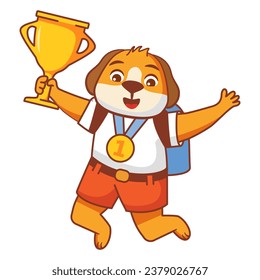 Happy cute kid dog win game gold trophy.Little dog character with gold medal holding up a gold cup trophy.Animal sport winner.Isolated on white background.Cartoon vector illustration.