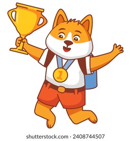 Happy cute kid dog win game gold trophy.Little dog character with gold medal holding up a gold cup trophy.Animal sport winner.Isolated on white background.Cartoon vector illustration.