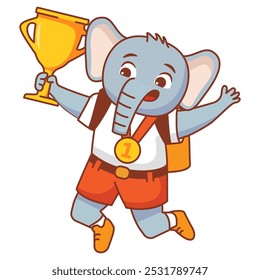 Happy cute kid elephant win game gold trophy.Elephant  lori character with gold medal holding up a gold cup trophy.Isolated on white background.Cartoon vector illustration.The winner with an award