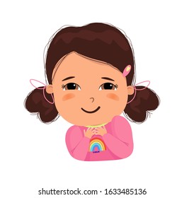 happy cute kid with emoji expression vector illustration.Little girl smile. Expression of joyful joyous exciting. Cute girl in pink 