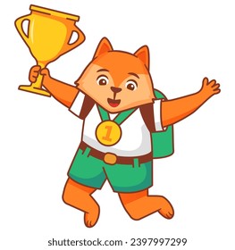 Happy cute kid fox win game gold trophy.Little fox character with gold medal holding up a gold cup trophy.Animal sport winner.Isolated on white background.Cartoon vector illustration.