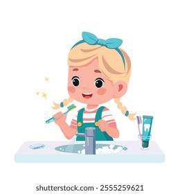 happy cute kid girl brush clean teeth	