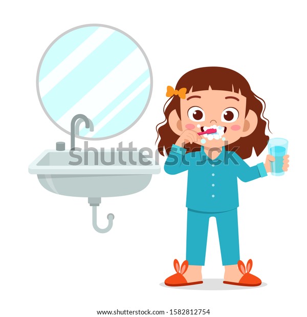 Happy Cute Kid Girl Brush Clean Stock Vector (Royalty Free) 1582812754