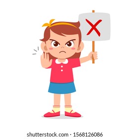 happy cute kid girl carry wrong sign vector