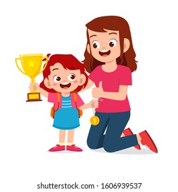 happy cute kid girl carry trophy with mom